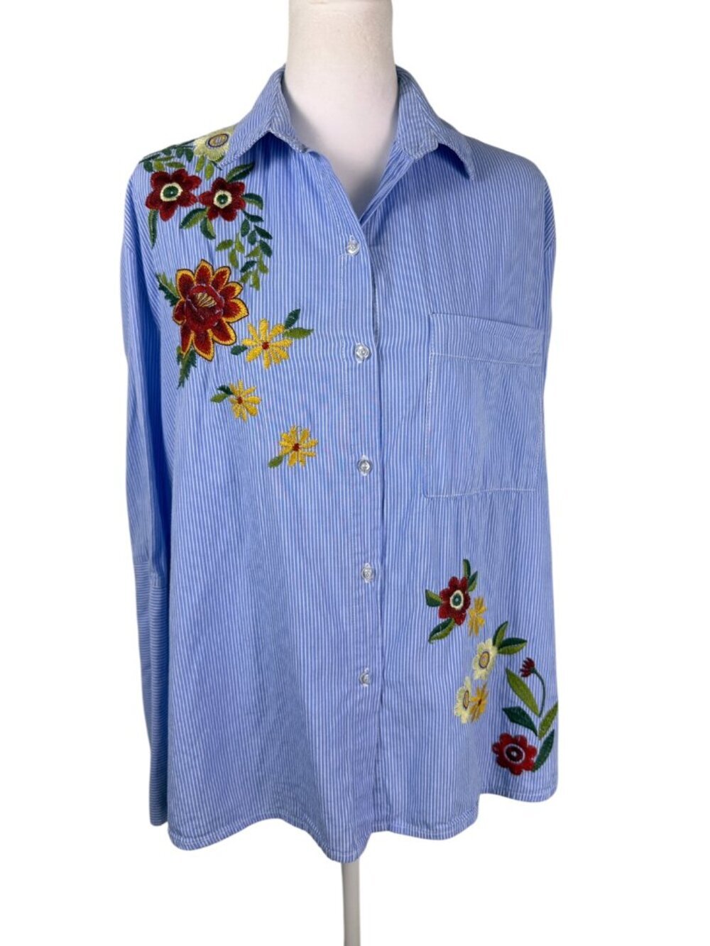 Giani Bini Blue Striped Floral Embroidered Button-Up Shirt | Size Est. L - Picture 2 of 12